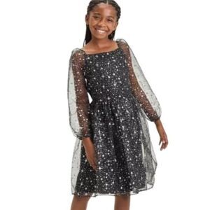 FAO Schwarz Girls Large 10/12 Black Long Sleeve Ruffle Tulle Tutu Dress Star NWT